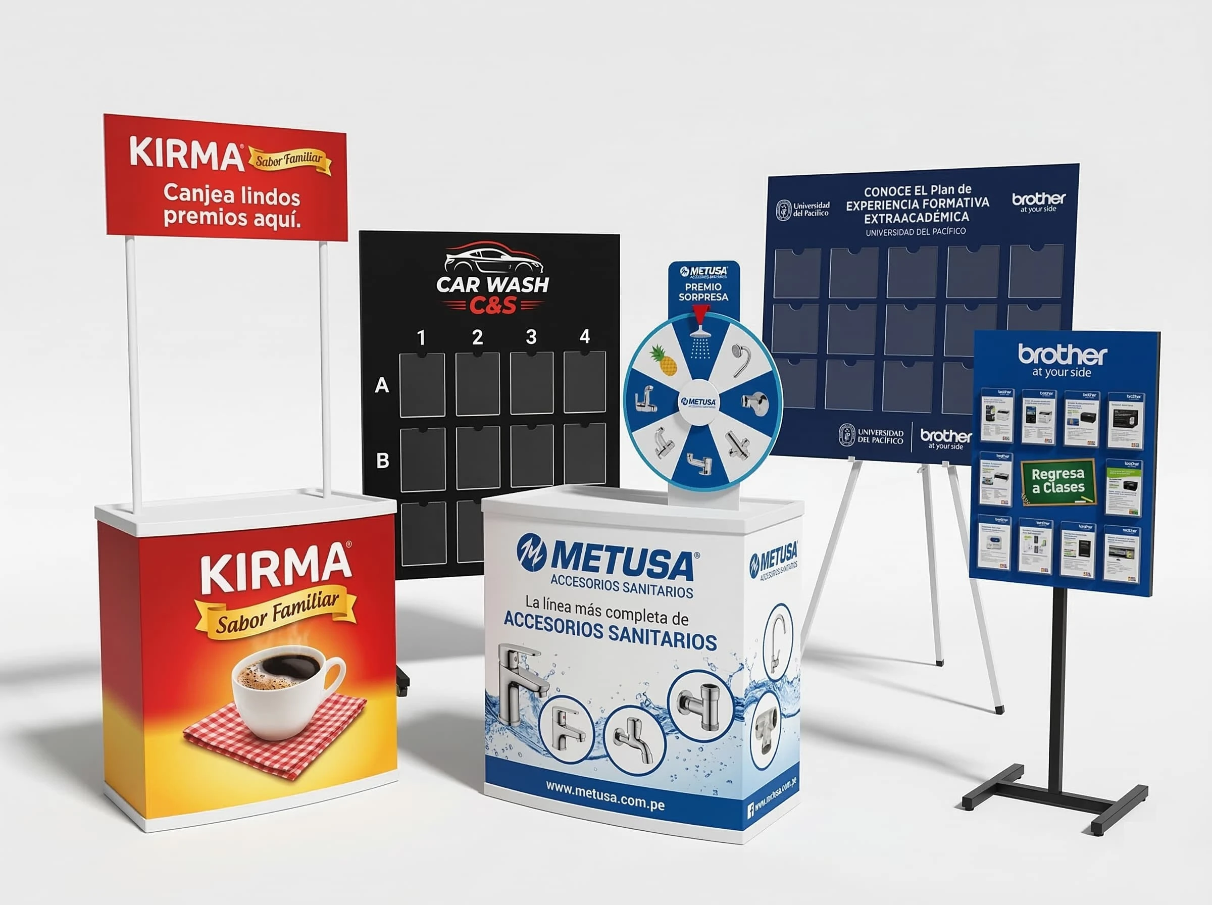 Stand corporativo impecable con módulos publicitarios y roll screens de G y G Impresores